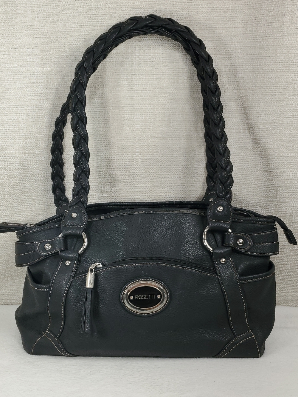 Rosetti Black Shoulder Bag Handbag with Braided Double Handles